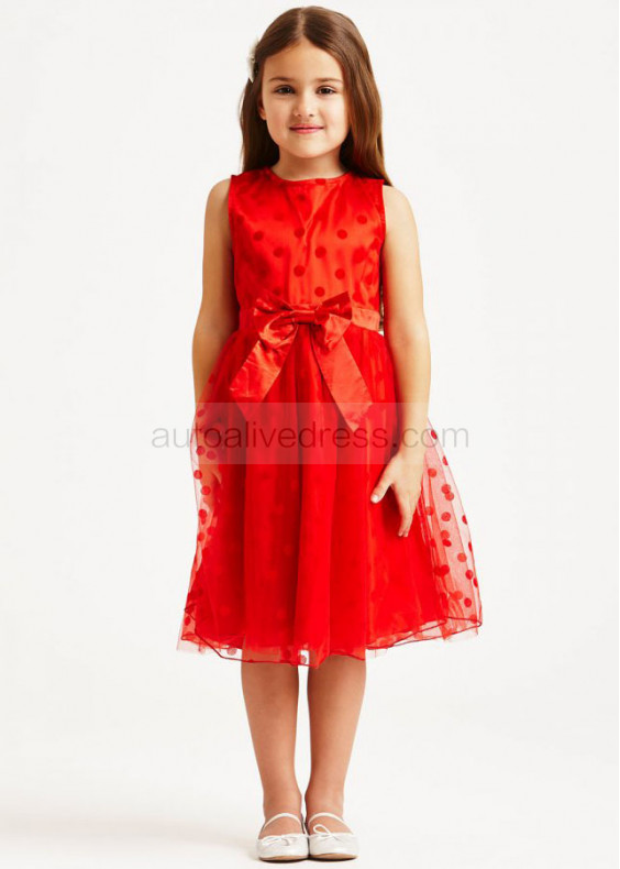 Red Polka Dots Tulle Knee Length Flower Girl Dress With Bow